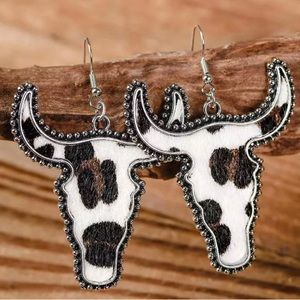 Silvertone & Cow-Print Longhorn Drop Earrings